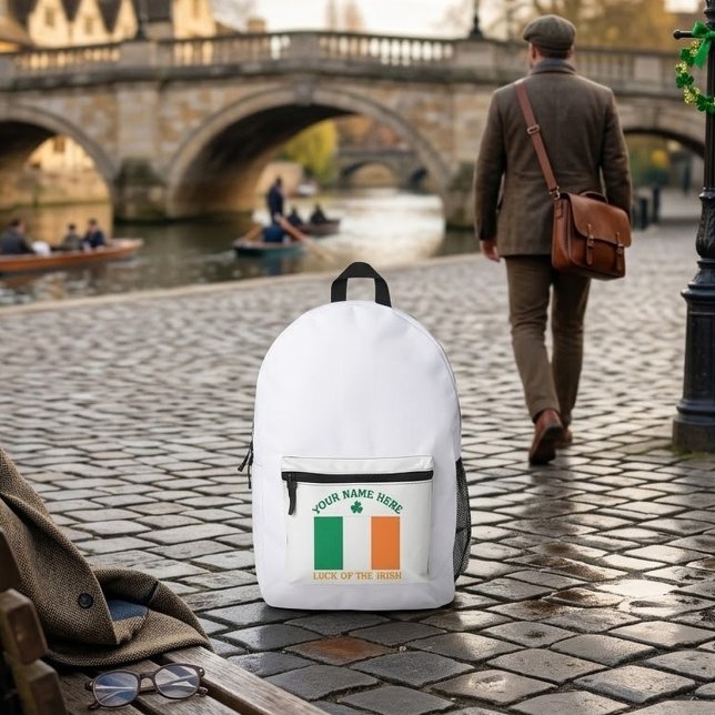 St Patrick's Day Ireland Flag Custom Name Shamrock Printed Backpack (Creator Uploaded)