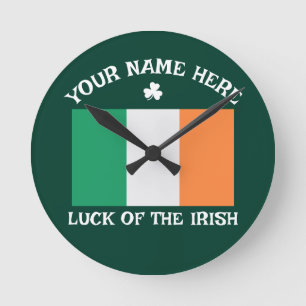 St Patrick's Day Ireland Flag Custom Name Shamrock Round Clock