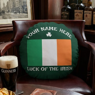 St Patrick's Day Ireland Flag Custom Name Shamrock Round Cushion
