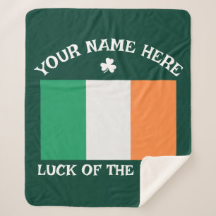 St Patrick's Day Ireland Flag Custom Name Shamrock Sherpa Blanket