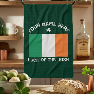 St Patrick's Day Ireland Flag Custom Name Shamrock Tea Towel