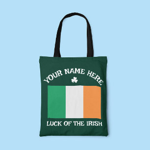 St Patrick's Day Ireland Flag Custom Name Shamrock Tote Bag