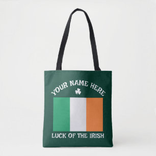 St Patrick's Day Ireland Flag Custom Name Shamrock Tote Bag