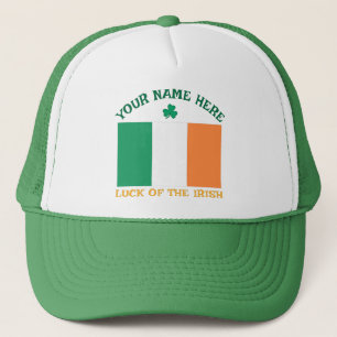 St Patrick's Day Ireland Flag Custom Name Shamrock Trucker Hat
