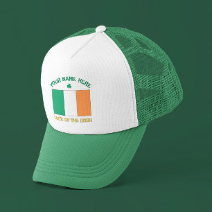 St Patrick's Day Ireland Flag Custom Name Shamrock Trucker Hat