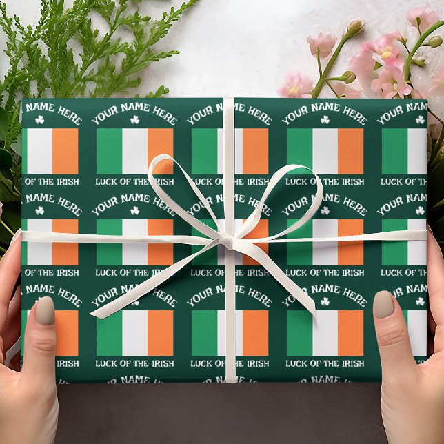 St Patrick's Day Ireland Flag Custom Name Shamrock Wrapping Paper (Creator Uploaded)
