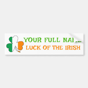 St Patrick's Day Ireland Flag Shamrock Custom Name Bumper Sticker