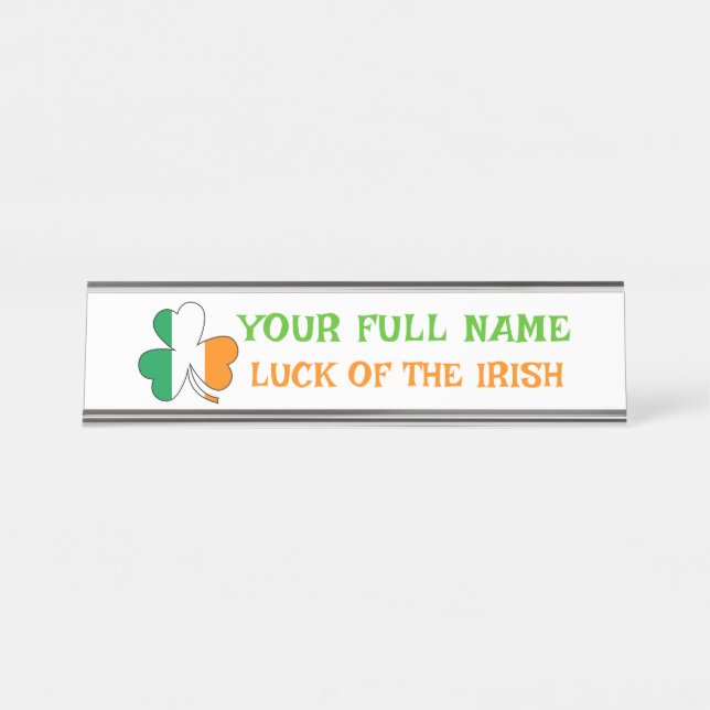 St Patrick's Day Ireland Flag Shamrock Custom Name Desk Name Plate (Front)