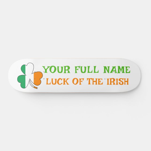 St Patrick's Day Ireland Flag Shamrock Custom Name Skateboard (Horz)