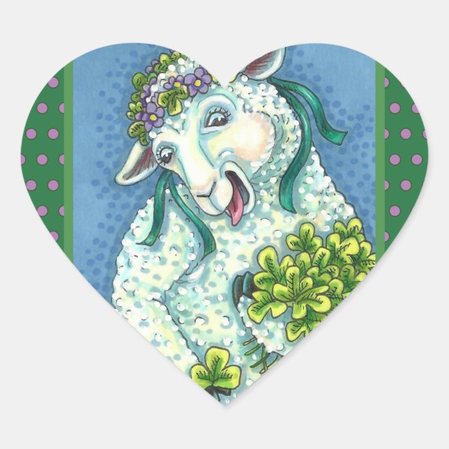 ST. PATRICK'S DAY IRISH EWE, SHEEP & SHAMROCKS HEART STICKER (Front)