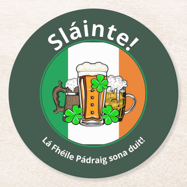 ST PATRICKS DAY Irish Flag Beer Round Paper Coaster (Front)