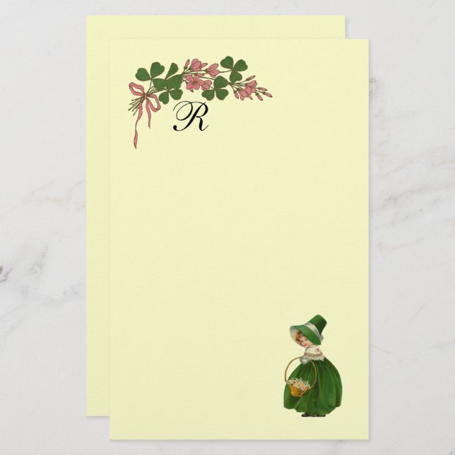 ST PATRICK'S DAY,IRISH GIRL AND SHAMROCKS MONOGRAM STATIONERY (Front/Back)