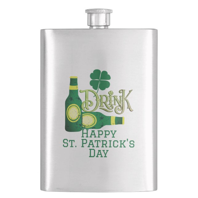 St. Patrick's Day Irish green lucky Shamrock Hip Flask (Front)