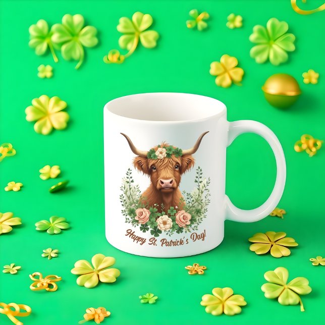 St Patricks Day Irish Highland Cow Green Clover Coffee Mug (St Patricks Day Irish Highland Cow Green Clover Coffee Mug)