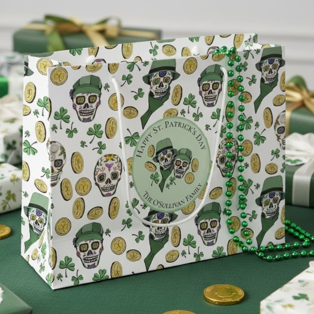St Patrick's Day Irish Sugar Skull Custom Large Gift Bag (Happy St Patrick's Day Gift Bags. Irish Sugar Skulls, Lucky Gold Shamrock Coins Green Clover Pattern)