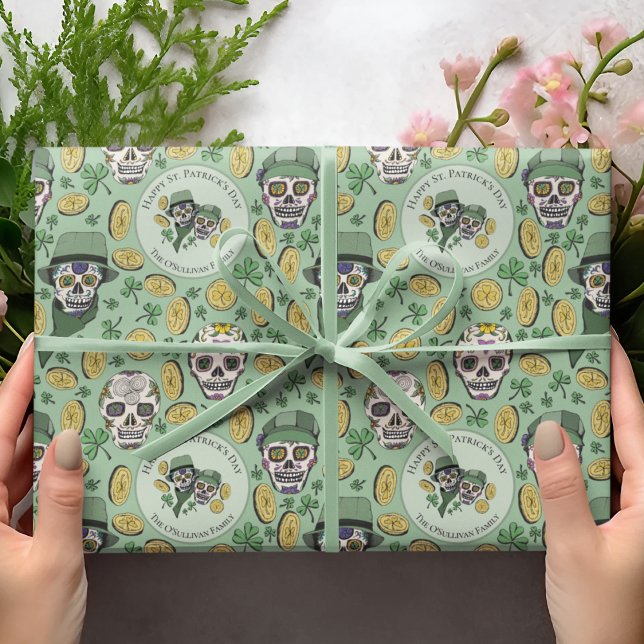 St Patrick's Day Irish Sugar Skull Custom Wrapping Paper (Custom St Patrick's Hand-Drawn Design in Black Ink. Irish Sugar Skulls Dressed in Hats & Scarves. )