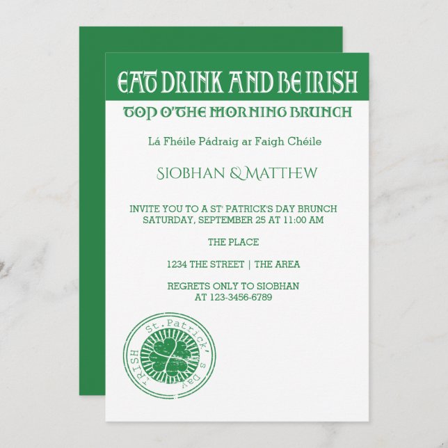 St Patricks Day Irish Themed Morning Brunch Invitation (Front/Back)