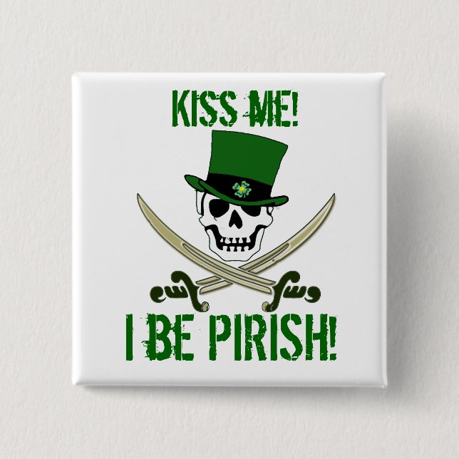 St Patricks Day Jolly Roger Pirate "Kiss Me" Pin (Front)