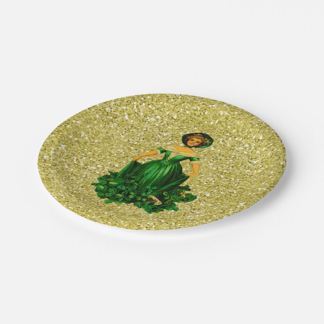 St Patricks Day Lady Green Gown Gold Faux Glitter Paper Plate (Angled)