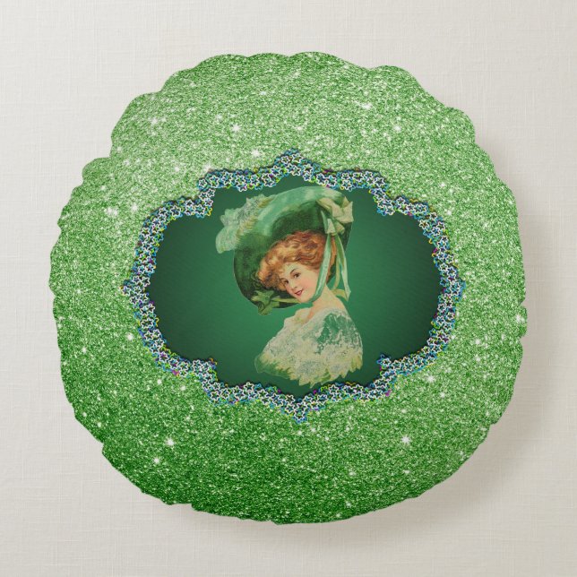 St Patricks Day Lady w/Hat GreenFrame FauxGlitter2 Round Cushion (Front)