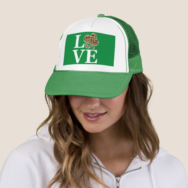 St Patricks Day Leopard Love Shamrock Trucker Hat (In Situ)