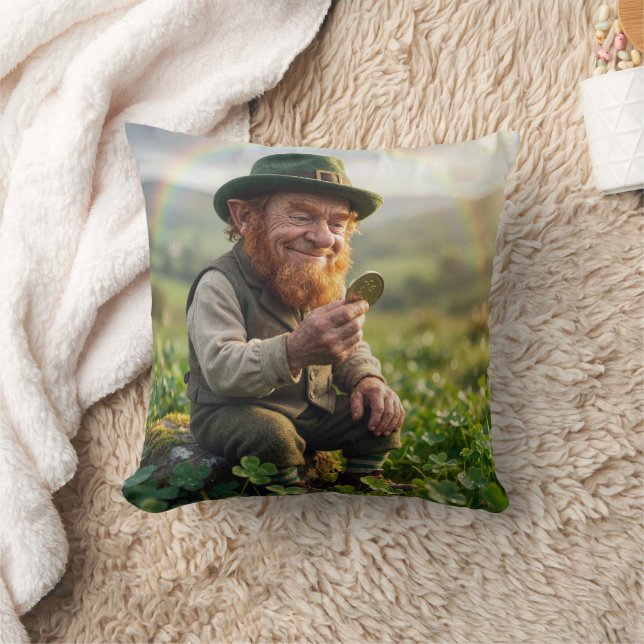 St. Patrick's Day Leprechaun Admiring a Gold Coin Cushion (Blanket)