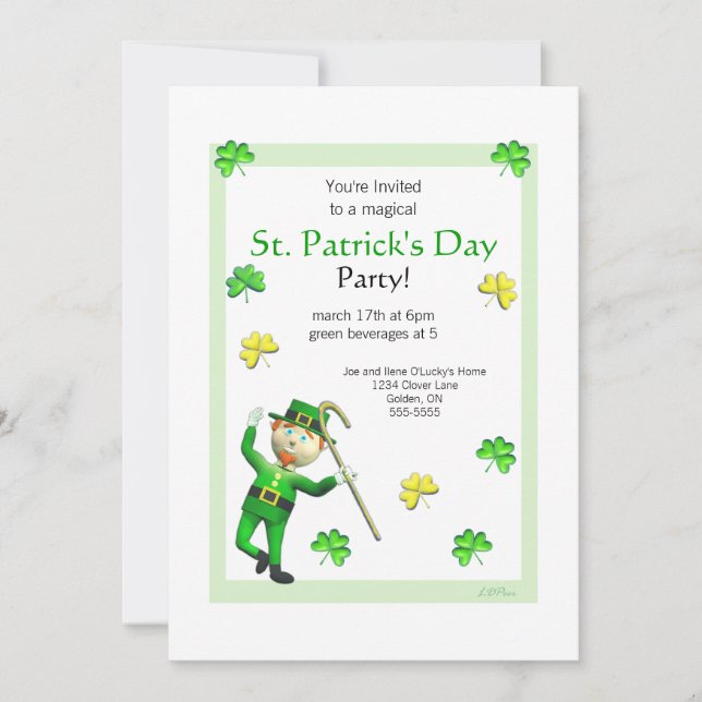 St. Patrick's Day Leprechaun and Shamrocks Invitation (Front)