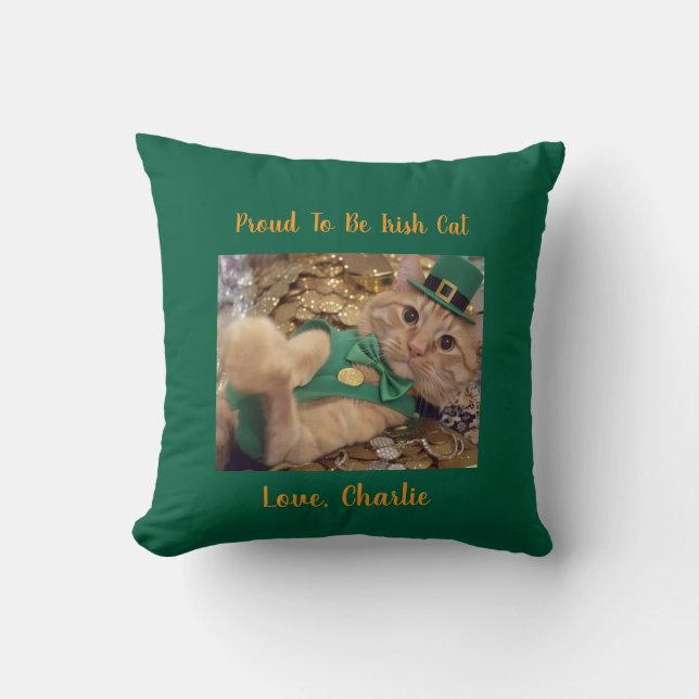 St Patrick's Day Leprechaun Cat  Cushion (Front)