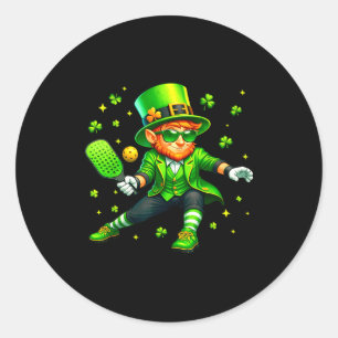 St patricks day leprechaun playing pickleball spor classic round sticker