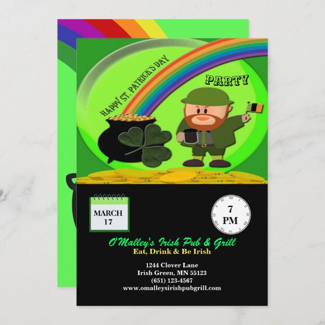 St Patrick's Day Leprechaun, Pot of Gold, Shamrock Invitation (Front/Back)