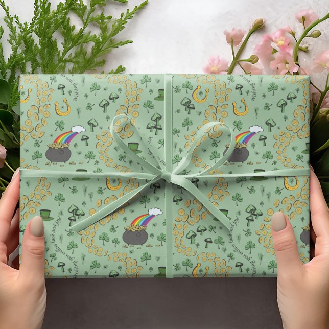 St. Patrick's Day Leprechaun Pot of Gold Wrapping Paper (St Patrick's Hand-Drawn Design in Black Ink. Pot of Gold, Shamrocks, Green Clovers, Horseshoe, Coins)