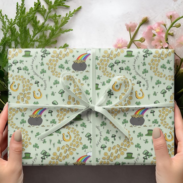 St. Patrick's Day Leprechaun Pot of Gold Wrapping Paper (St Patrick's Hand-Drawn Design in Black Ink. Pot of Gold, Shamrocks, Green Clovers, Horseshoe, Coins)