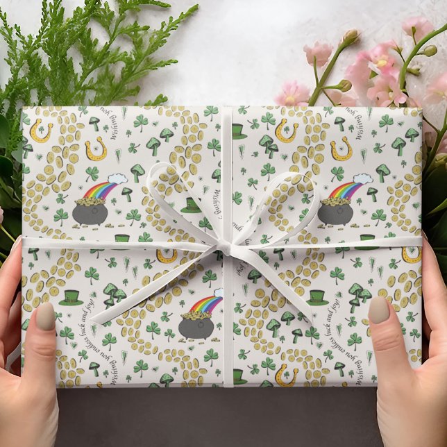 St. Patrick's Day Leprechaun Pot of Gold Wrapping Paper (St Patrick's Hand-Drawn Design in Black Ink. Pot of Gold, Shamrocks, Green Clovers, Horseshoe, Coins)