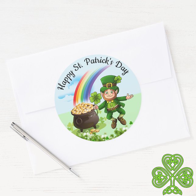 St. Patrick's Day Leprechaun Rainbow Large Classic Round Sticker (Creator Uploaded)
