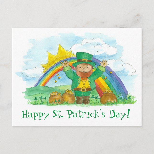 St. Patrick's Day Leprechaun Rainbow Pot Of Gold Postcard (Front)