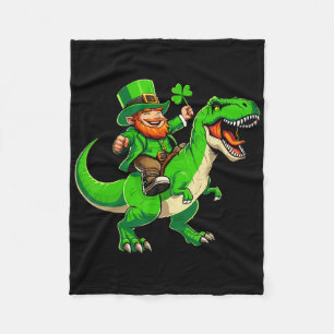 St Patricks Day Leprechaun Riding T-rex Dinosaur B Fleece Blanket
