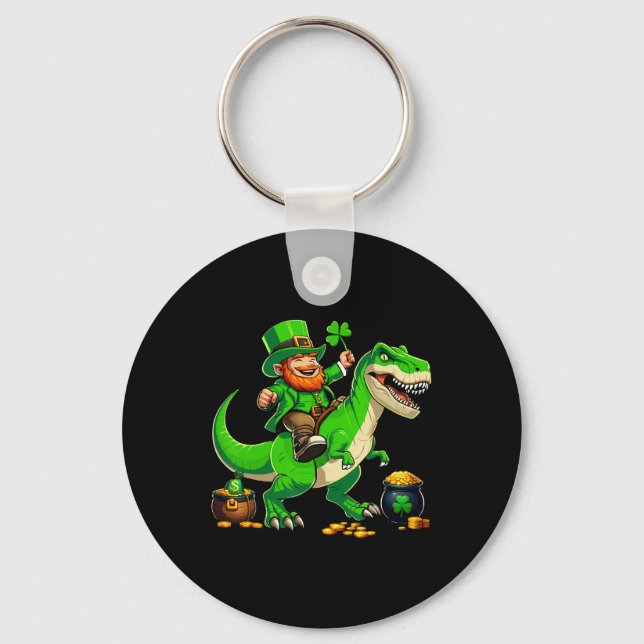 St Patricks Day Leprechaun Riding T-rex Dinosaur B Key Ring (Front)