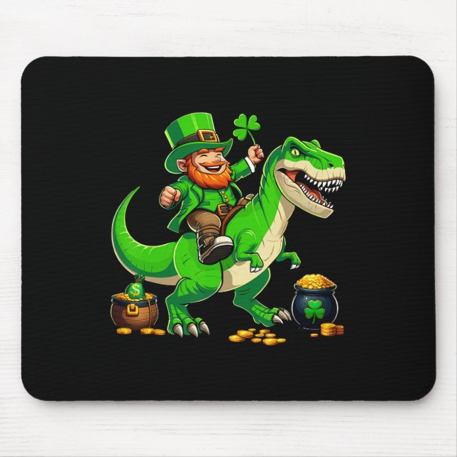 St Patricks Day Leprechaun Riding T-rex Dinosaur B Mouse Pad (Front)