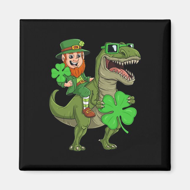St Patricks Day Leprechaun Riding T Rex Fun Dino B Magnet (Front)