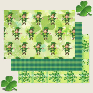 St. Patrick's Day Leprechaun Shamrocks Green Plaid Wrapping Paper Sheet