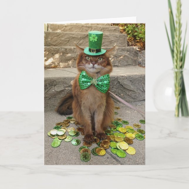 St. Patrick's Day Leprechaun Somali Cat with Hat Card (Front)