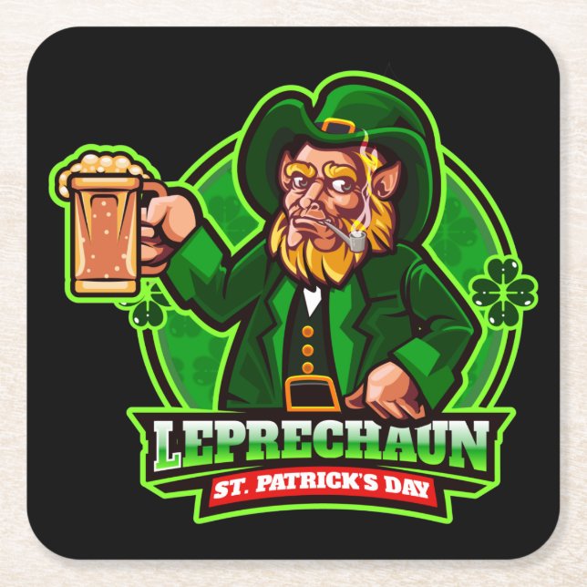 St. Patrick's Day Leprechaun Square Paper Coaster (Front)