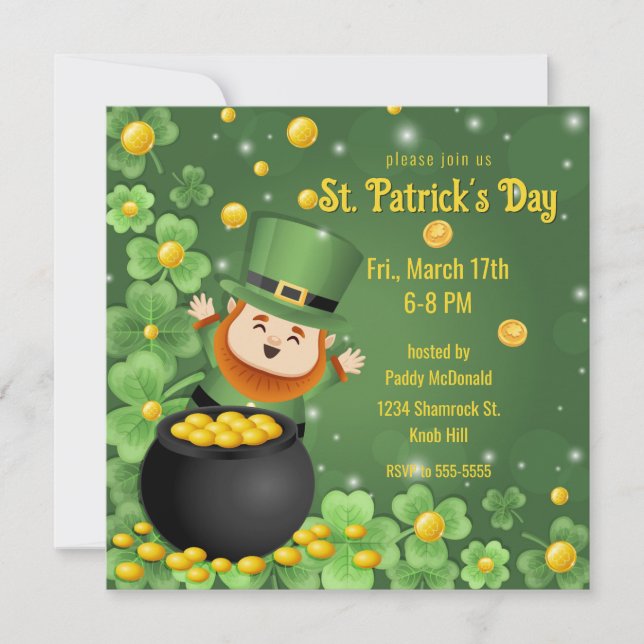 St. Patrick's Day Leprechauns Shamrock & Gold Invitation (Front)