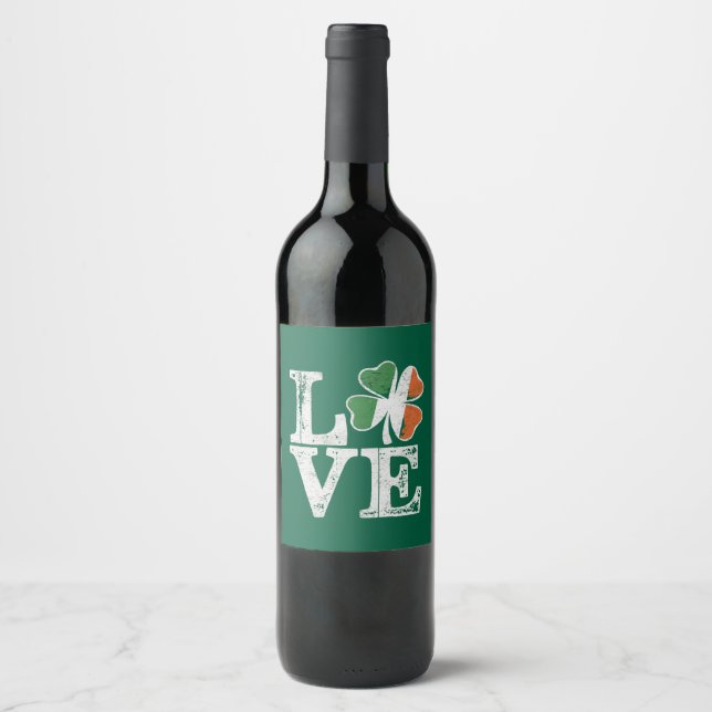 St Patricks Day Love Lucky Irish Shamrock Green  Wine Label (Front)
