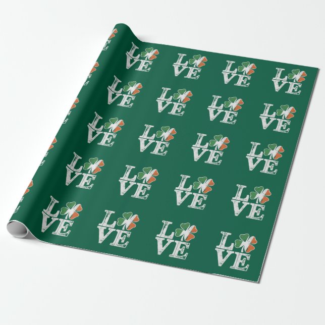 St Patricks Day Love Lucky Irish Shamrock Green  Wrapping Paper (Unrolled)