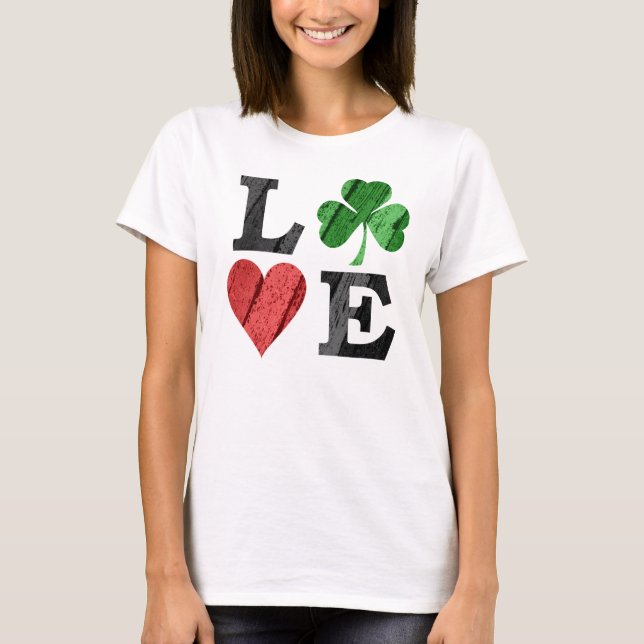 St. Patrick's Day LOVE with Heart and Shamrock T-Shirt (Front)