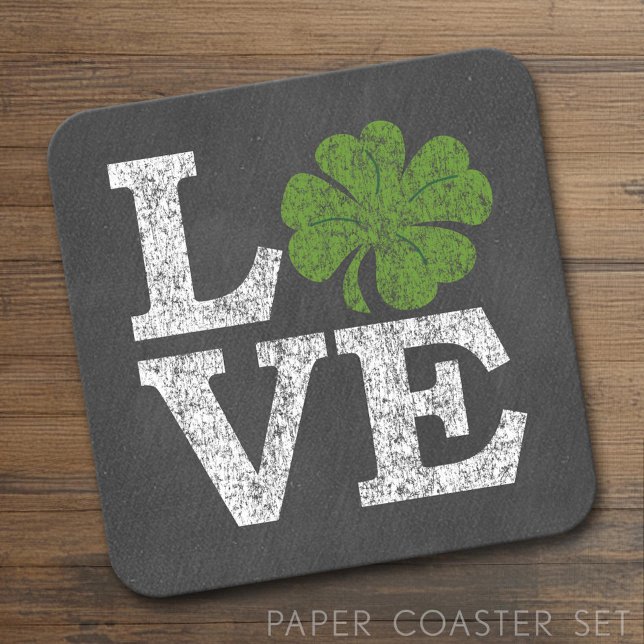 St Patricks Day LOVE with shamrock Square Paper Coaster (Custom Coaster Set)