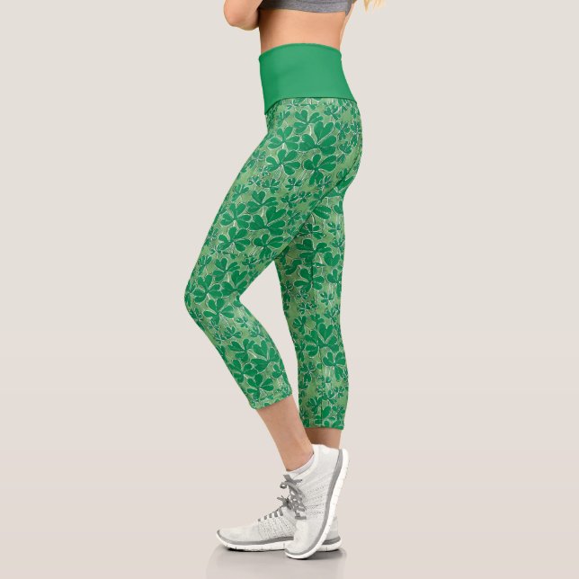St. Patrick's Day Lucky Green Shamrock Pattern Capri Leggings (Left)