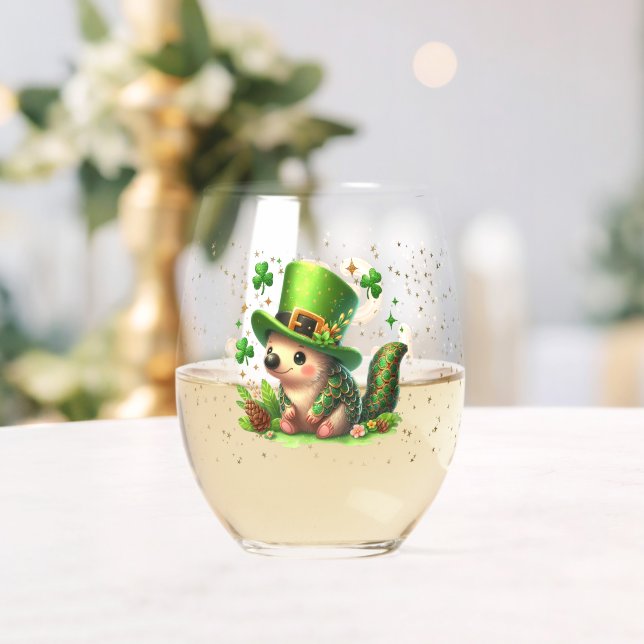 St. Patrick's Day Lucky Hedgehogs Stemless Wine Glass (Insitu (Wedding))