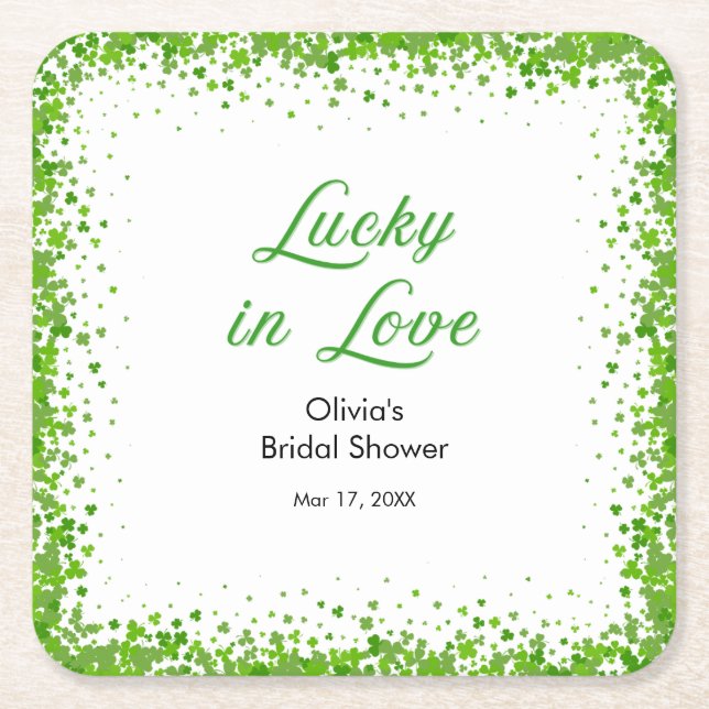 St Patrick's Day Lucky in Love Bridal Shower  Square Paper Coaster (Front)